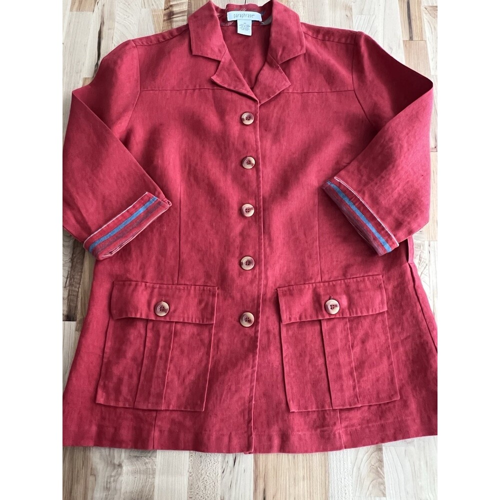 Paraphrase 3/4 Sleeve Jacket 100% Linen Pockets Belt Loops Red Women's US 10